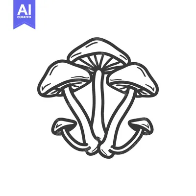 Three Hand-Drawn Mushrooms with Curved Stems