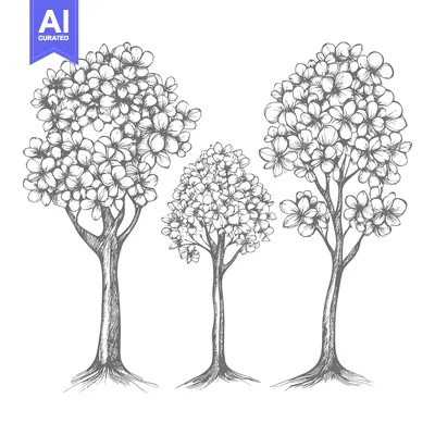 Three Hand-Drawn Trees with Detailed Flower Clusters
