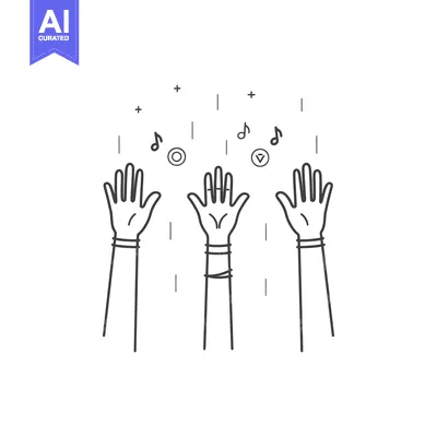 Three Hands Raised in the Air With Music Notes and Plus Signs
