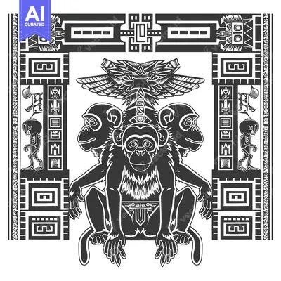 Three-Headed Monkey with Geometric Design and Winged Symbol