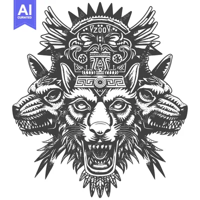 Three-Headed Wolf with Native American Inspired Headwear and Feathers
