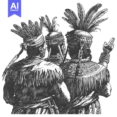 Three Indigenous Figures Wearing Elaborate Headdresses