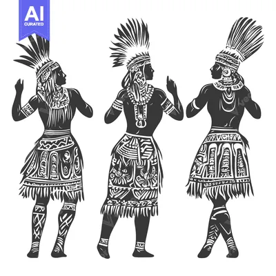 Premium design asset: Three Indigenous People in Traditional Attire and Headdresses