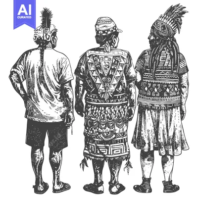 Three Indigenous People in Traditional Attire, Back View