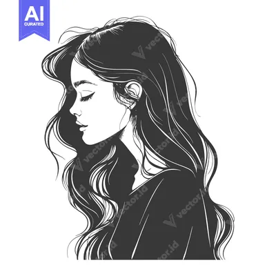 Aset desain premium: A Black and White Line Drawing of a Woman with Long Wavy Hair