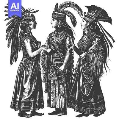 Three Indigenous People in Traditional Clothing and Headdresses