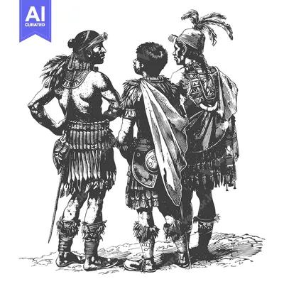 Premium design asset: Three Indigenous People Standing Together in Traditional Clothing
