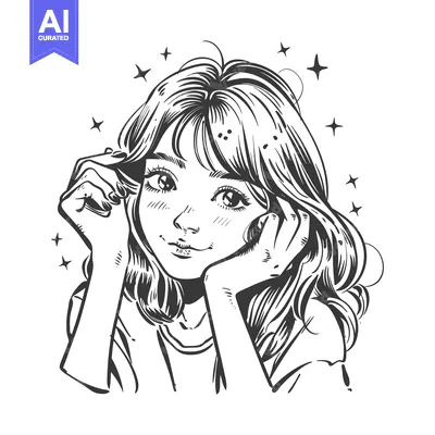 A Black and White Line Drawing of a Young Woman with Long Hair and a S