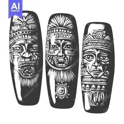 Three Intricately Carved Mayan Masks with Geometric Patterns