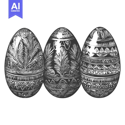 Three intricately patterned Easter eggs with woodcut-style designs.