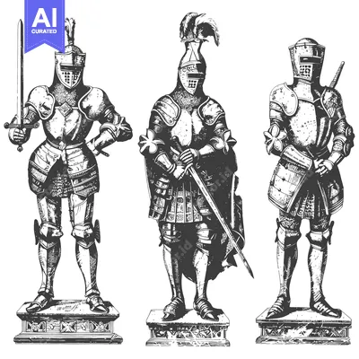 Three Knights in Full Armor Standing on Pedestals