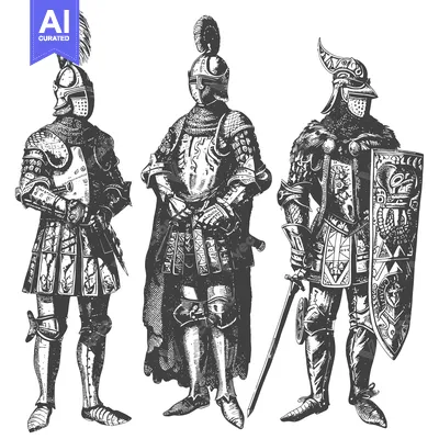 Three Knights in Full Armor with Swords and a Shield