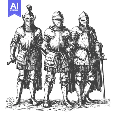 Three Knights in Full Plate Armor Standing Together