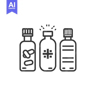 Three Line Drawings of Medicine Bottles, One With Pills