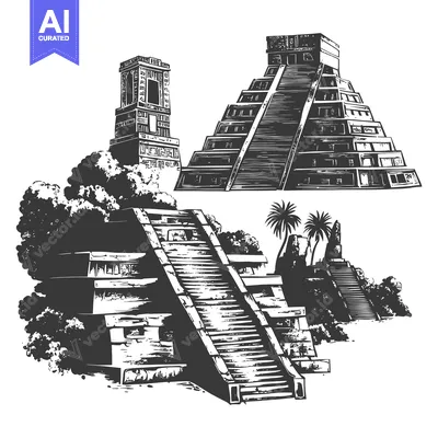 Three Mayan Pyramids with Detailed Carvings and Lush Foliage