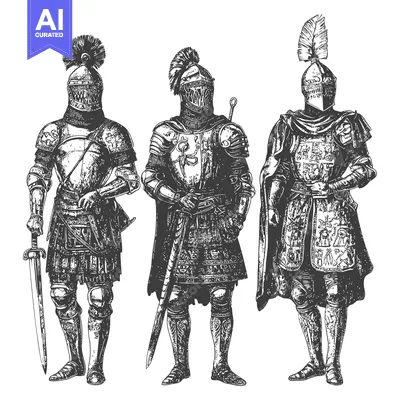 Three Medieval Knights in Full Armor with Swords