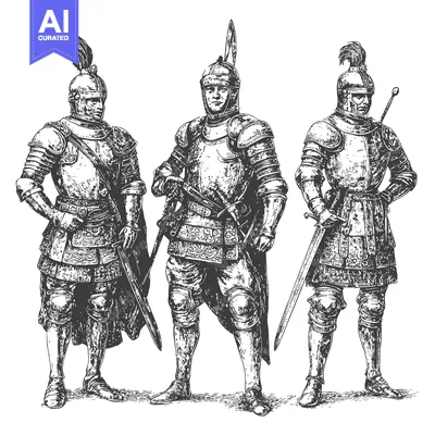 Three Medieval Knights in Full Armor with Swords