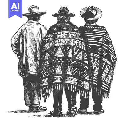 Three Men in Traditional Clothing and Hats, Back View