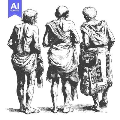 Premium design asset: Three Men Standing Back to Back in Traditional Garb