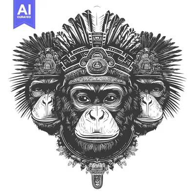 Premium design asset: Three Monkey Faces with Elaborate Aztec Headwear
