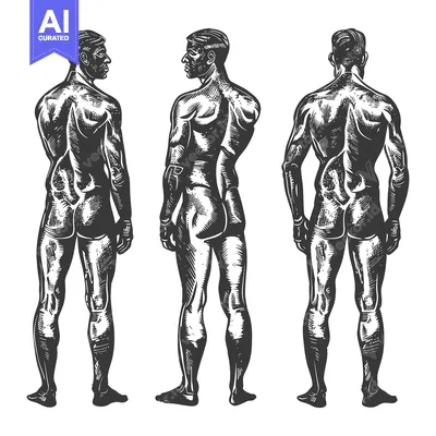 Three Muscular Men Standing Back to Back in a Sketch Style