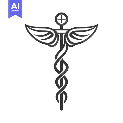 Aset desain premium: A Black and White Line Drawing of the Caduceus, a Symbol of Medicine