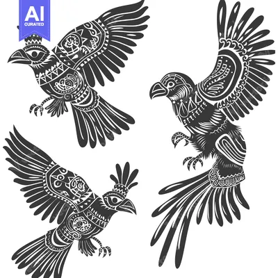 Three Ornamental Black Birds in Flight