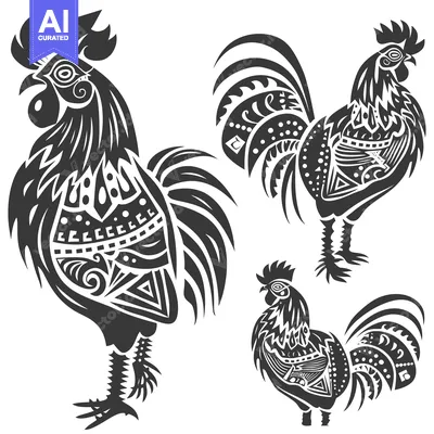 Three Ornate Black and White Roosters in Various Poses