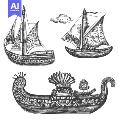 Three Ornate Boats with Detailed Carvings and Patterns