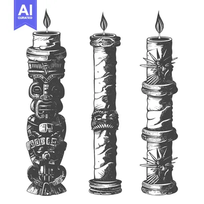 Three Ornate Candles with Flames and Carved Details