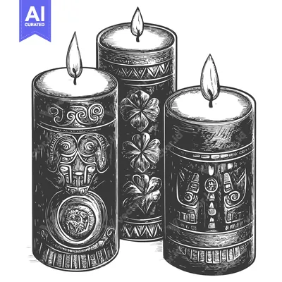 Three Ornate Candles with Flames and Intricate Designs