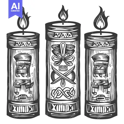 Three Ornate Candles with Flames and Symbolic Designs