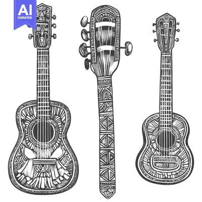 Three Ornate Guitars with Detailed Carvings