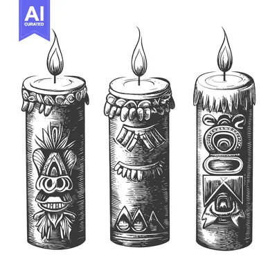 Three Ornate Hand-Drawn Candles with Flames