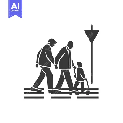Aset desain premium: Three People Crossing a Crosswalk with a Signpost