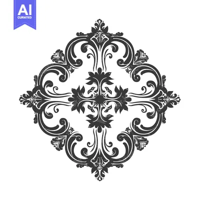 A Black and White Ornate Floral Design with Four Swirls
