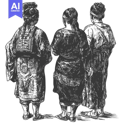 Aset desain premium: Three People in Traditional Clothing Standing Back to Back