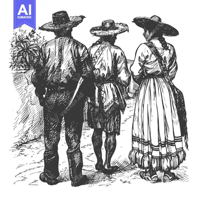 Aset desain premium: Three People in Traditional Clothing Walking Away from the Viewer