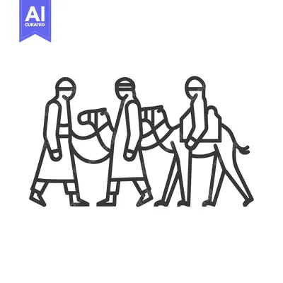 Three People Walking With A Camel