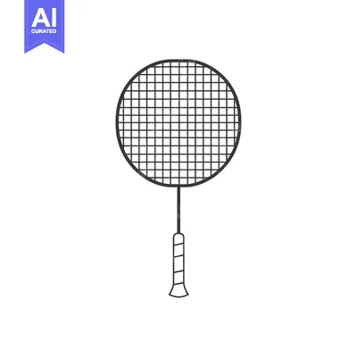 A black and white outline drawing of a badminton racket