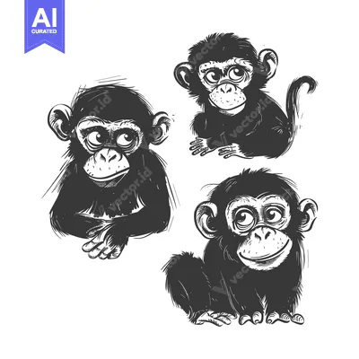 Three Playful Chimpanzees with Big Eyes in Black and White Illustratio