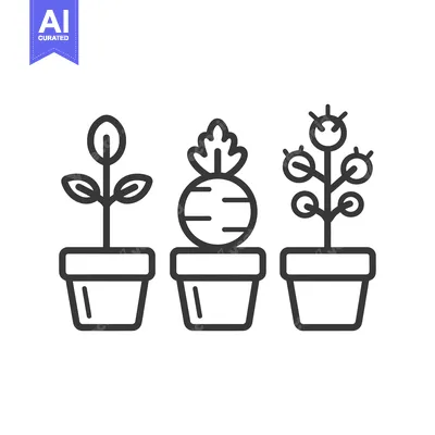Aset desain premium: Three potted plants with different types of leaves and stems