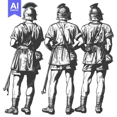 Three Roman Soldiers in a Line, Back View, Engraved Illustration