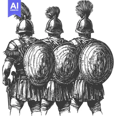 Three Roman Soldiers in Armor Facing Away from the Viewer
