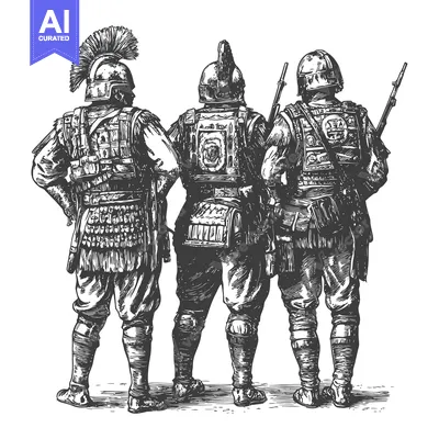 Three Roman Soldiers Standing in Formation, Rear View