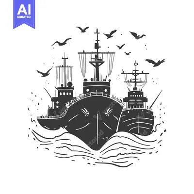 Three Silhouetted Ships Sailing on Wavy Sea with Birds Flying Overhead