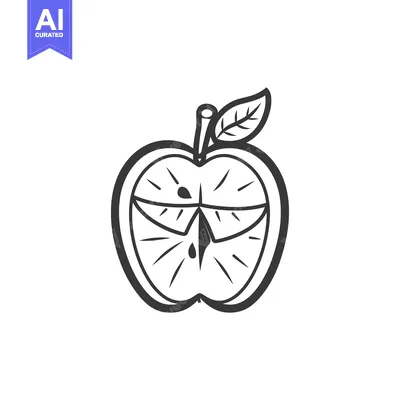 Premium design asset: A black and white outline drawing of a halved apple with a leaf on top