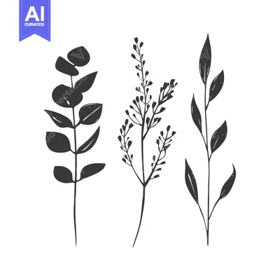 Three Silhouettes of Delicate Branching Plants with Leaves