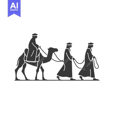 Three Silhouettes of Men Traveling with a Camel