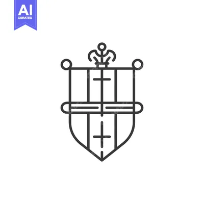 Aset desain premium: A black and white outline drawing of a medieval heraldic shield with a